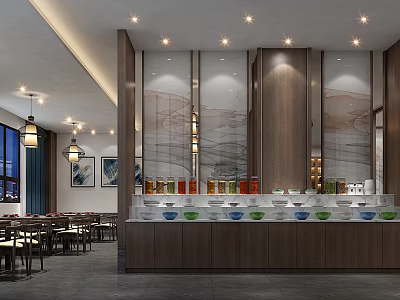 Modern Hot Pot Restaurant Interior With Self service Condiment Bar And Stylish Dining Tables 3d model