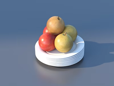 Everyday Household Items White Stacked Plates With Fresh Red And Yellow Fruits 3d model