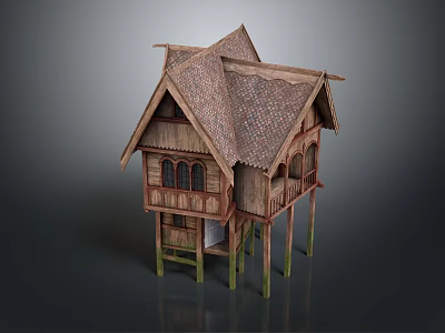 Traditional Wooden House on Tall Stilts with Sloped Roof and Decorative Windows 3d model