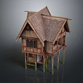 Traditional Wooden House on Tall Stilts with Sloped Roof and Decorative Windows