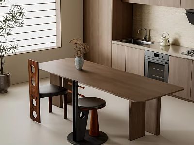 Modern Kitchen Interior With Wooden Dining Table Set Stools And Cabinets 3d model