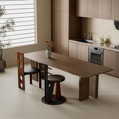 Modern Kitchen Interior With Wooden Dining Table Set Stools And Cabinets 3d model