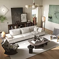 Bright Living Room Interior With White Sofa Coffee Table Chandelier Large Windows And Green Plant
