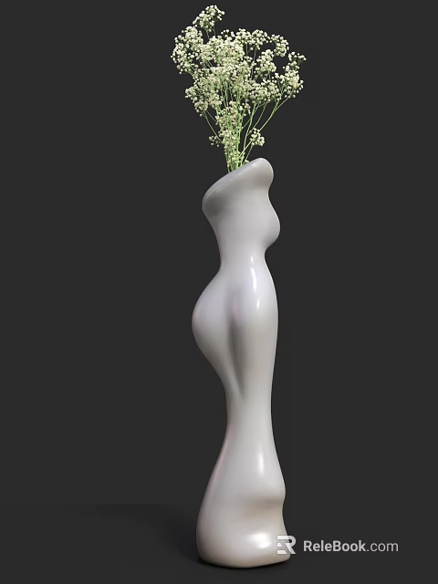 Unique White Curved Vase With Green Flowers For Modern Home Decor 3d model 