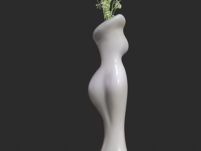 Unique White Curved Vase With Green Flowers For Modern Home Decor 3d model