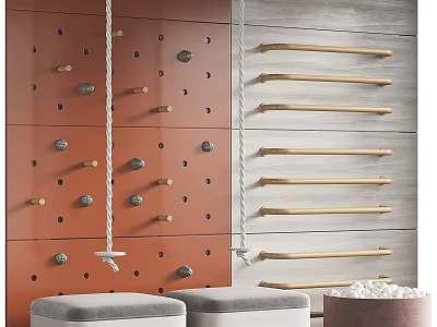 Children's Play Area With Orange Wall Climbing Rocks Rope Wooden Bars Padded Stools White Pebbles 3d model