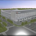 Modern Industrial Warehouse Building With Green Surroundings Large Glass Windows And Tree Lined Road