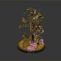 Colorful Birds Perched On Tree Branch With Green Leaves And Decorative Base