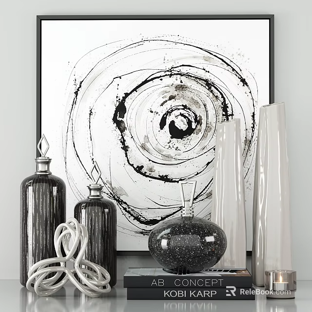Modern Decorative Ornament Set with Abstract Spiral Painting Glass Vases Ceramic Bottles and Woven Accents 3d model 