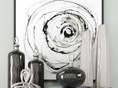 Modern Decorative Ornament Set with Abstract Spiral Painting Glass Vases Ceramic Bottles and Woven Accents 3d model