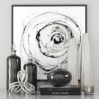 Modern Decorative Ornament Set with Abstract Spiral Painting Glass Vases Ceramic Bottles and Woven Accents 3d model