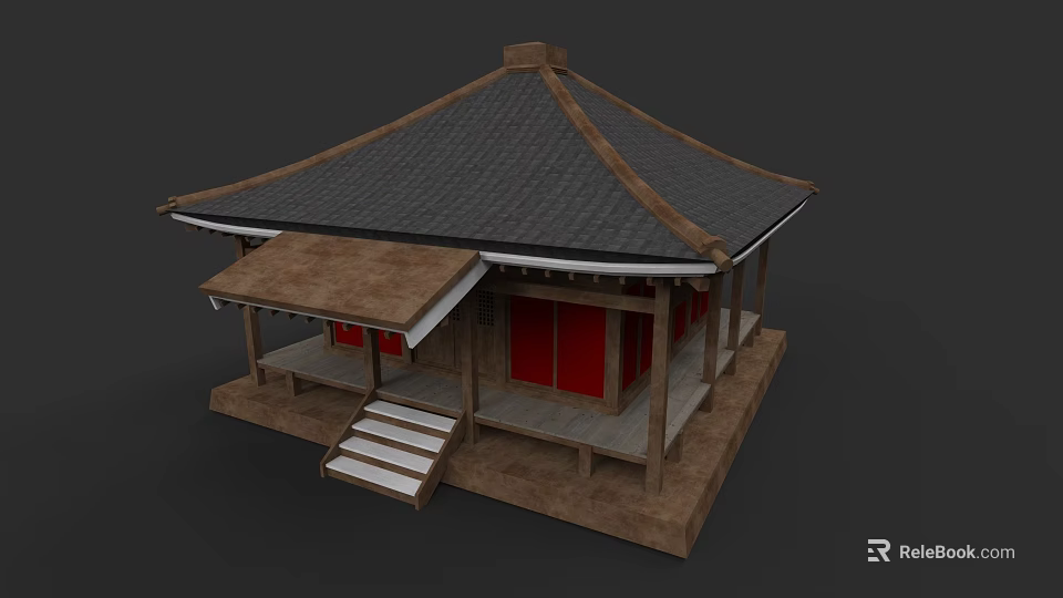 Ancient Chinese Architecture with Black Tiled Roof Overhanging Eaves Red Doors Wooden Structure Stone Steps 3d model 