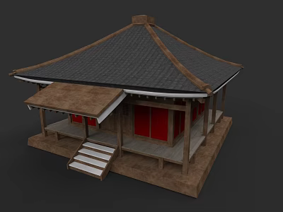 Ancient Chinese Architecture with Black Tiled Roof Overhanging Eaves Red Doors Wooden Structure Stone Steps 3d model