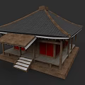 Ancient Chinese Architecture with Black Tiled Roof Overhanging Eaves Red Doors Wooden Structure Stone Steps