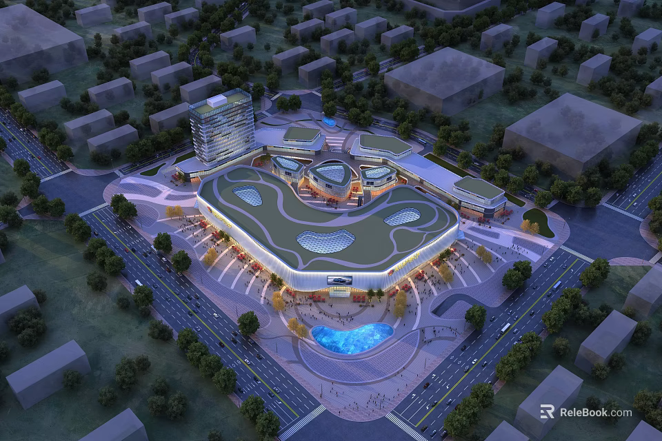 Modern Commercial Complex With Green Roof Central Plaza Water Feature And Landscaped Surroundings 3d model 