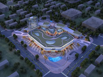 Modern Commercial Complex With Green Roof Central Plaza Water Feature And Landscaped Surroundings 3d model