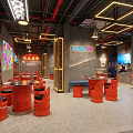 Industrial Style Restaurant Interior With Red Seats Neon Decorations Bar Counter And Gray Concrete Floor