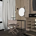 Modern Dressing Table With Wooden Wall Round Mirror Chair And Table Lamp