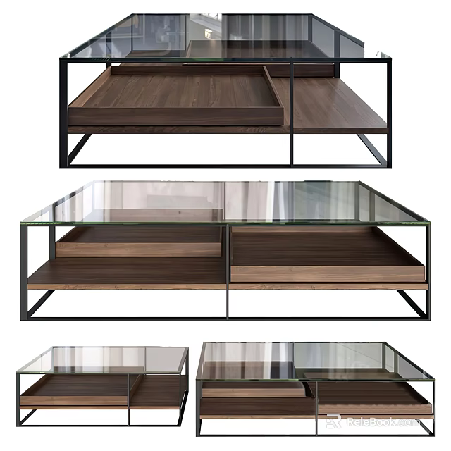 Modern Coffee Table with Glass Top Wooden Shelves and Metal Frame Design 3d model 
