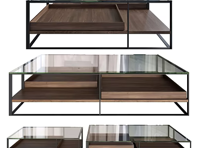 Modern Coffee Table with Glass Top Wooden Shelves and Metal Frame Design 3d model