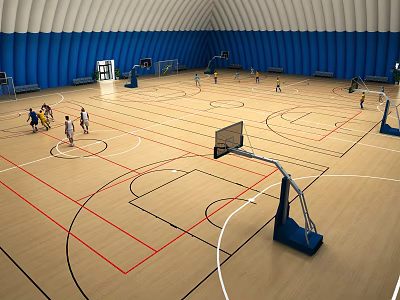 Indoor Basketball Gym With Wooden Floor Court Lines Blue Walls And Players Playing Hoops 3d model