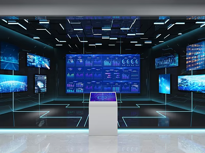 Hi tech Exhibition Hall Featuring Multiple Digital Screens Displaying Data Charts and Central Interactive Podium 3d model