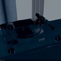 Modern Transparent Turntable Audio System On White Cabinet With Metal Components And Window Curtains