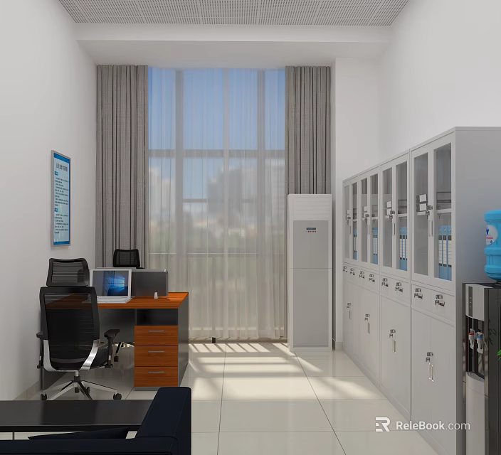 Modern Office Interior With Wooden Desk Computer Black Chairs Large Window Gray Curtains White Cabinets 3d model 