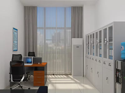 Modern Office Interior With Wooden Desk Computer Black Chairs Large Window Gray Curtains White Cabinets 3d model
