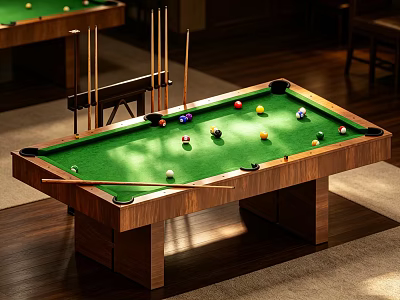 Professional Billiard Table With Green Felt Surface Colored Balls And Cue Sticks 3d model
