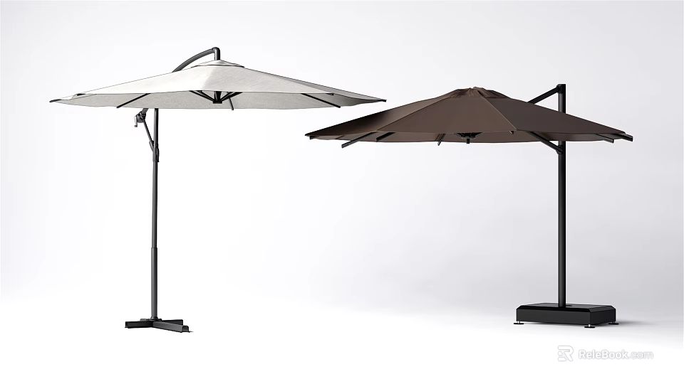 Two Outdoor Sunshades With White And Brown Canopies And Sturdy Stands 3d model 