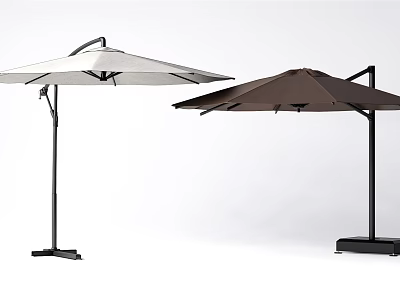 Two Outdoor Sunshades With White And Brown Canopies And Sturdy Stands 3d model