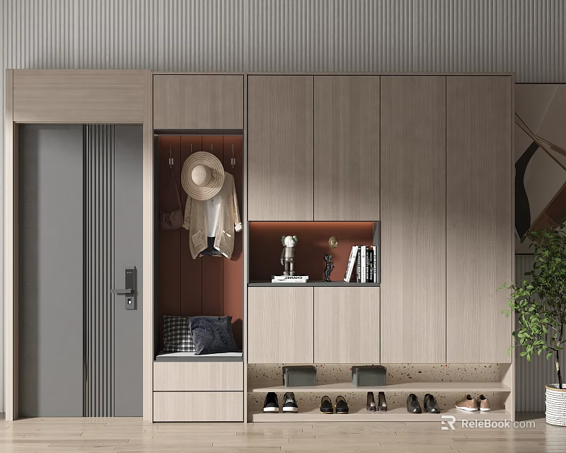 Modern Minimalist Shoe Cabinet With Clothing Hanging Area Storage Compartments And Shoe Bench 3d model 
