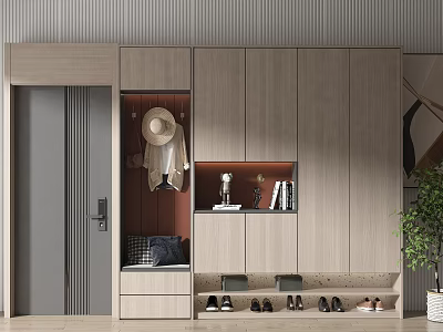 Modern Minimalist Shoe Cabinet With Clothing Hanging Area Storage Compartments And Shoe Bench 3d model