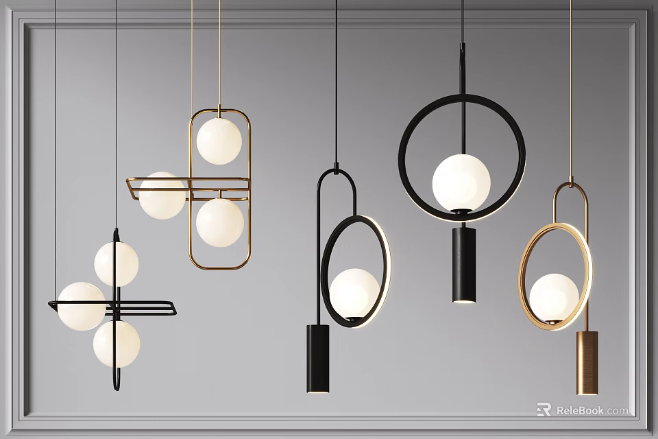 Modern Pendant Lights With Geometric Shapes Circular Frames And Spherical Bulbs 3d model