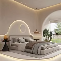 Modern Hotel Room Interior With Circular Headboard Floor To Ceiling Window And Green Plants