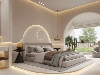 Modern Hotel Room Interior With Circular Headboard Floor To Ceiling Window And Green Plants 3d model