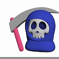 Game Movie Character in Blue Hood with White Skull Face Holding Pink Handle Scythe