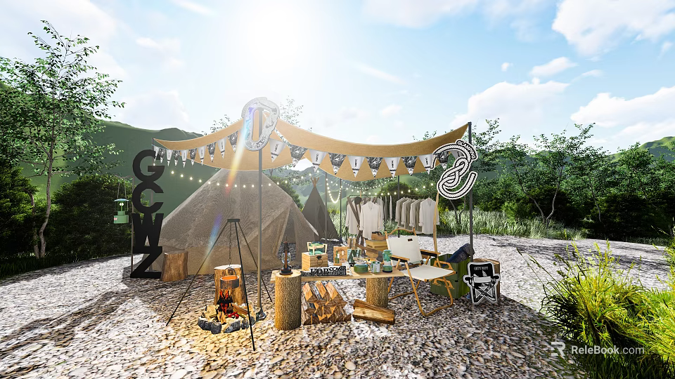 Sunlit Outdoor Interactive Area With Canvas Tent Campfire Setup And Wooden Seating 3d model 