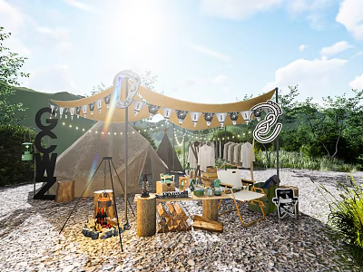 Sunlit Outdoor Interactive Area With Canvas Tent Campfire Setup And Wooden Seating 3d model