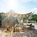 Sunlit Outdoor Interactive Area With Canvas Tent Campfire Setup And Wooden Seating
