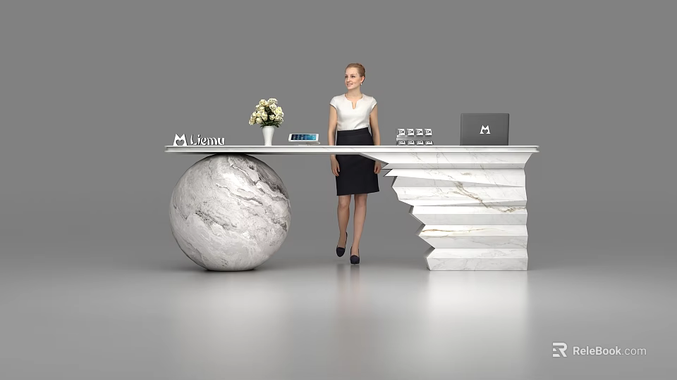 Modern Marble Reception Desk With Receptionist Flower Vase And Logo 3d model 