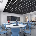 Modern School Classroom With White Tables Blue Chairs And Robot Models 3d model