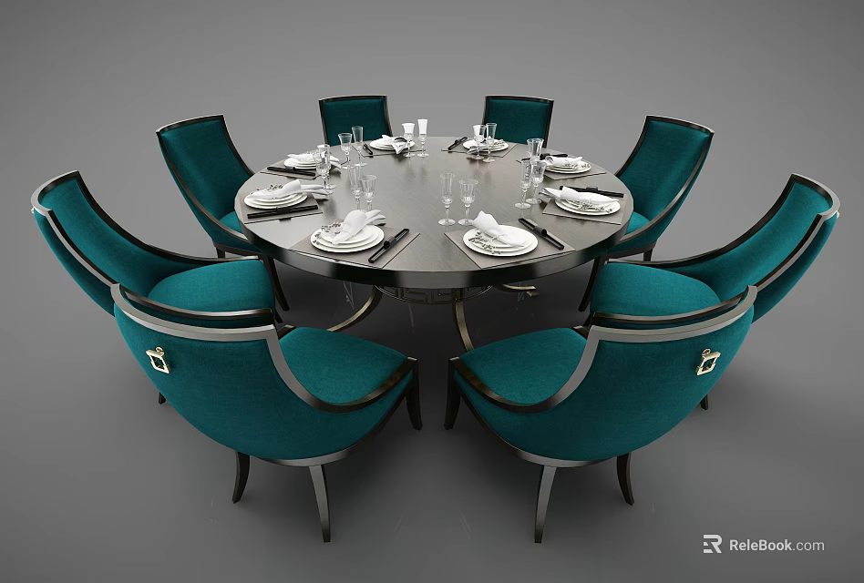 Round Dining Table Set With Eight Turquoise Chairs And Elegant Place Settings 3d model