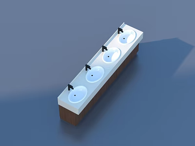 Modern Four Bowl Kitchen Sink With Black Faucets And Wooden Cabinet Base 3d model