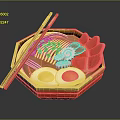 Ramen In Octagonal Red Bowl With Soft Boiled Eggs Red Toppings Green Garnish And Chopsticks