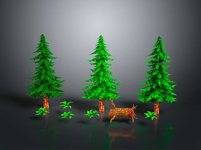 Three Green Pine Trees With Small Plants On Dark Reflective Background 3d model