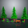 Three Green Pine Trees With Small Plants On Dark Reflective Background 3d model