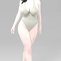 Woman In Olive Green One Piece Swimsuit With Curvy Figure Against Gray Background