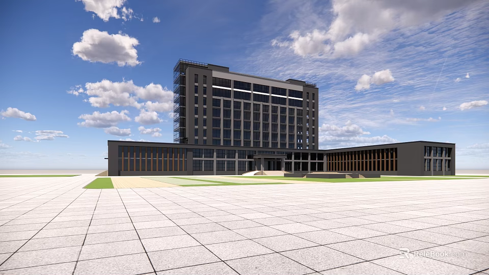 Modern Office Building Exterior With Glass Facade Large Windows And Open Plaza Under Blue Sky 3d model 